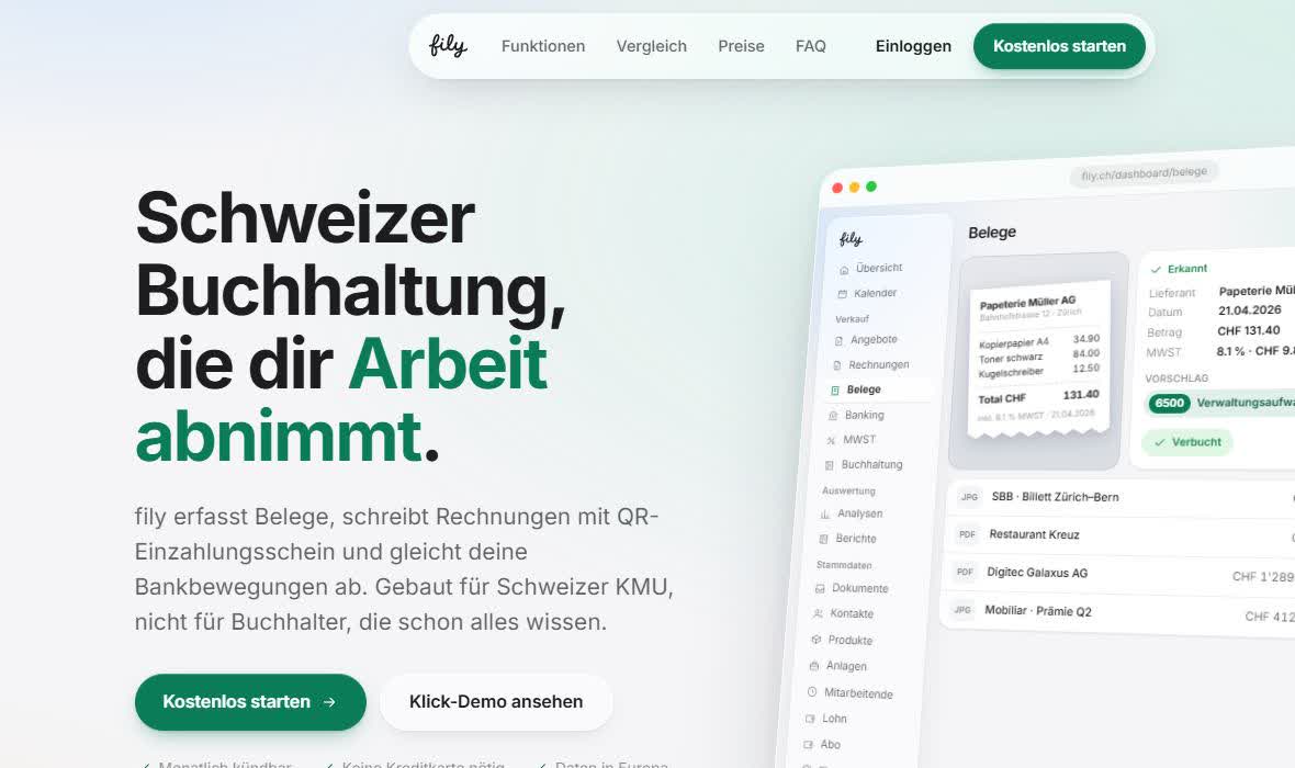 Startseite von fily: Schweizer Buchhaltung, die dir Arbeit abnimmt.